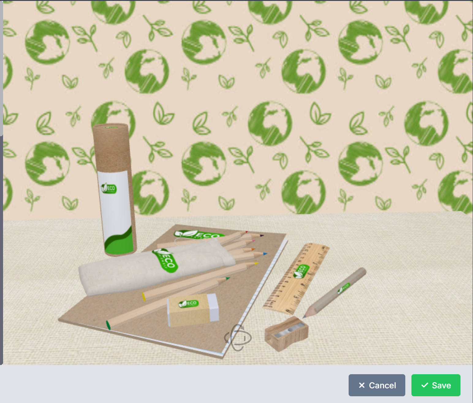 A 3D scene of eco-branded stationery with a kraft tube and wooden pencils