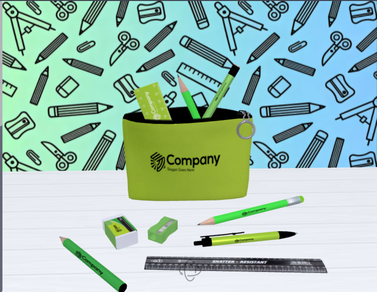 A 3D scene of a branded pencil case with pens, pencils and a ruler