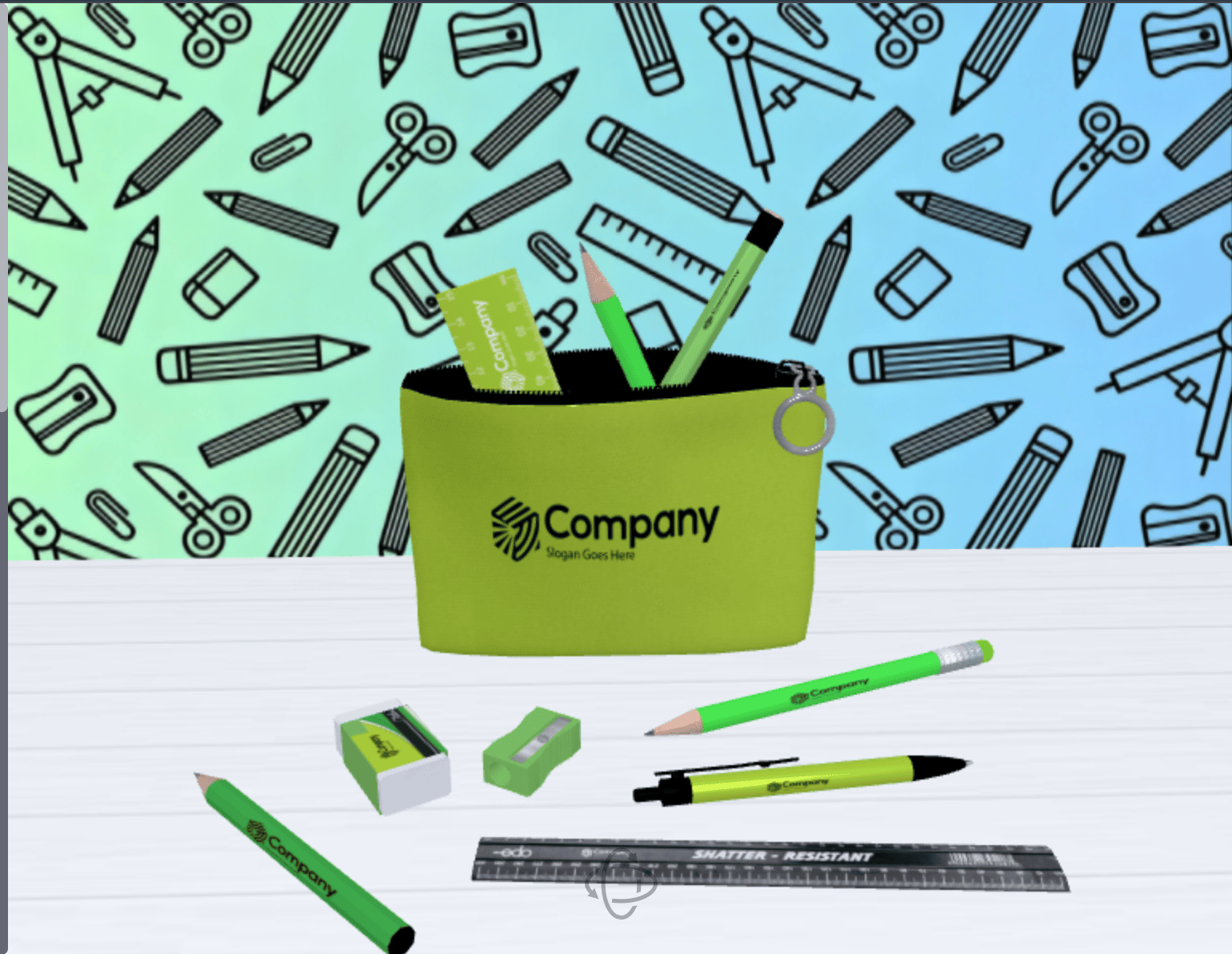 A 3D scene of a branded pencil case with pens, pencils and a ruler