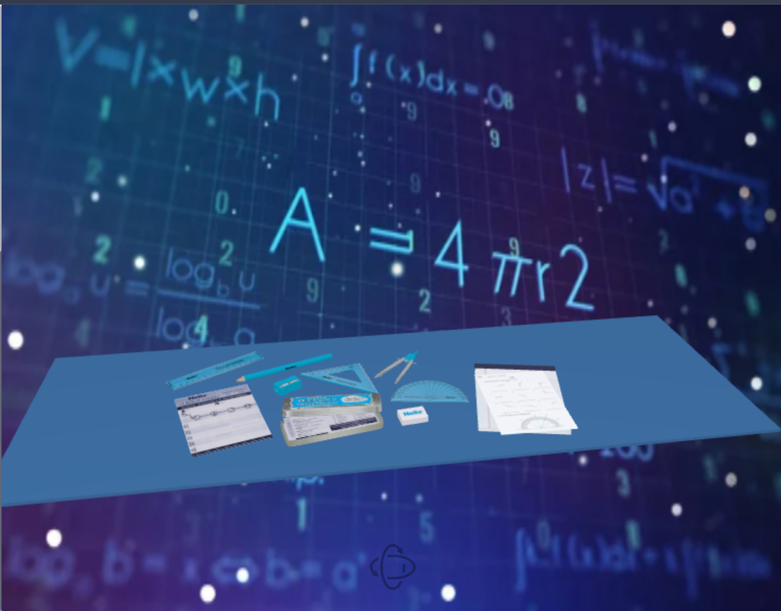 A 3D maths-themed desk scene with rulers, a protractor and notepads