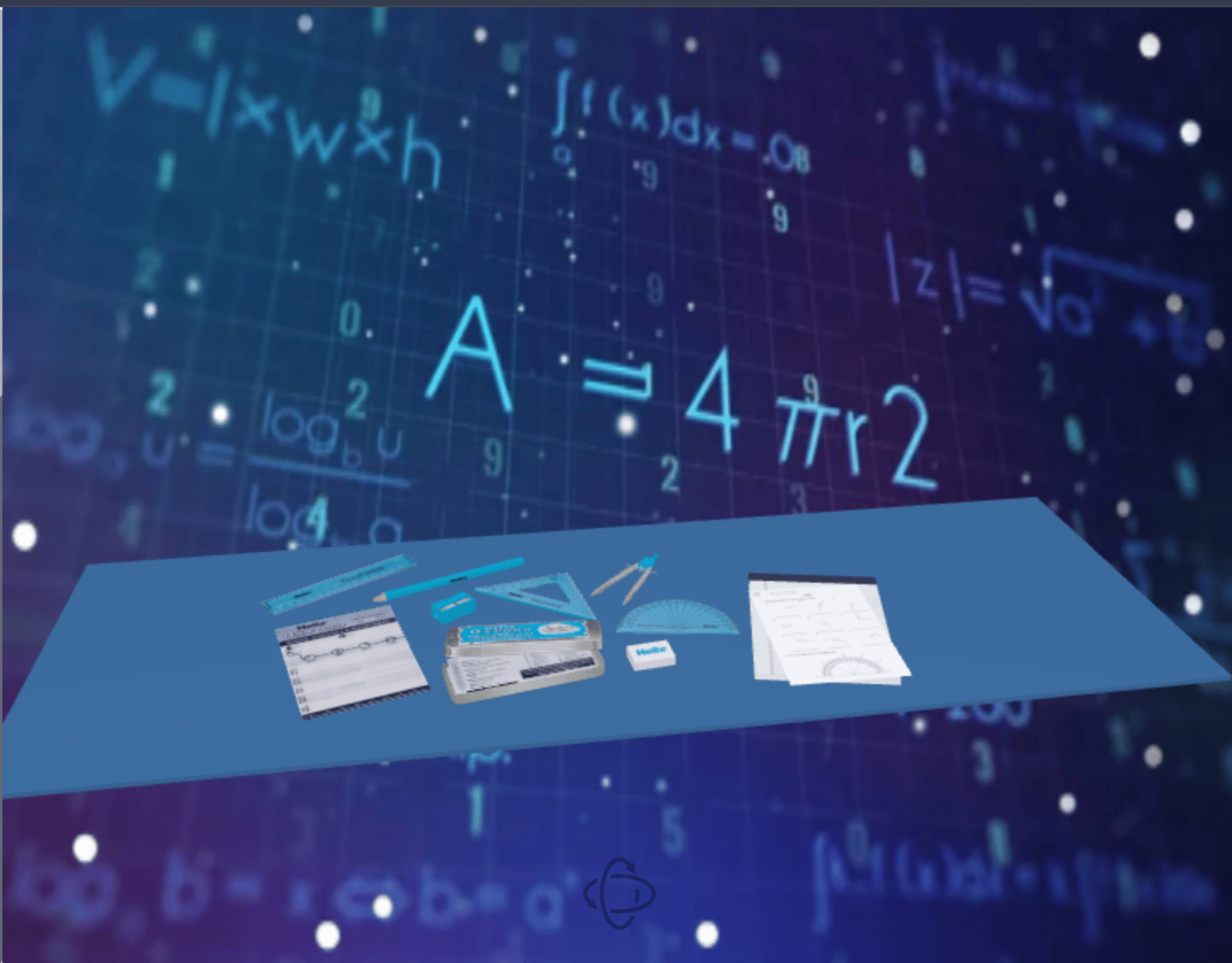 A 3D maths-themed desk scene with rulers, a protractor and notepads