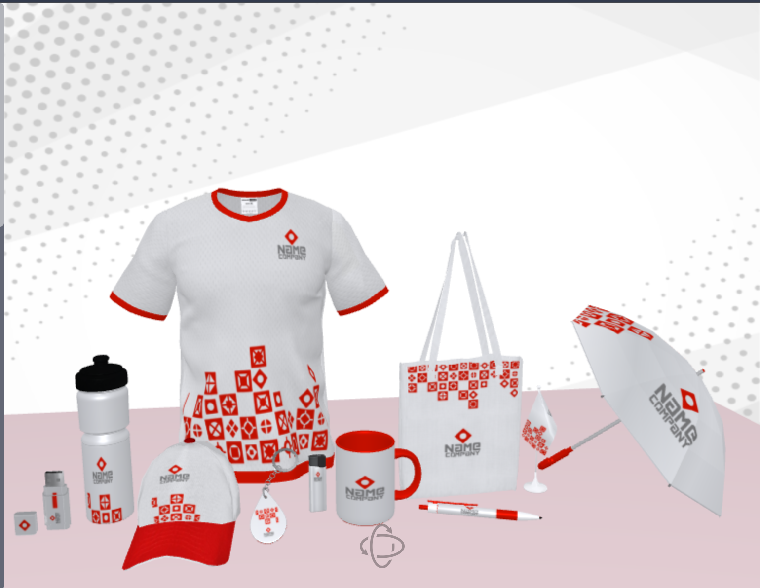 A 3D scene of branded promotional merchandise including a shirt, mug, tote and umbrella