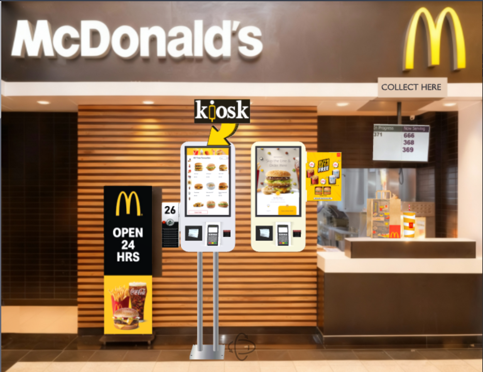 A 3D fast food storefront scene with self-service ordering kiosks and signage