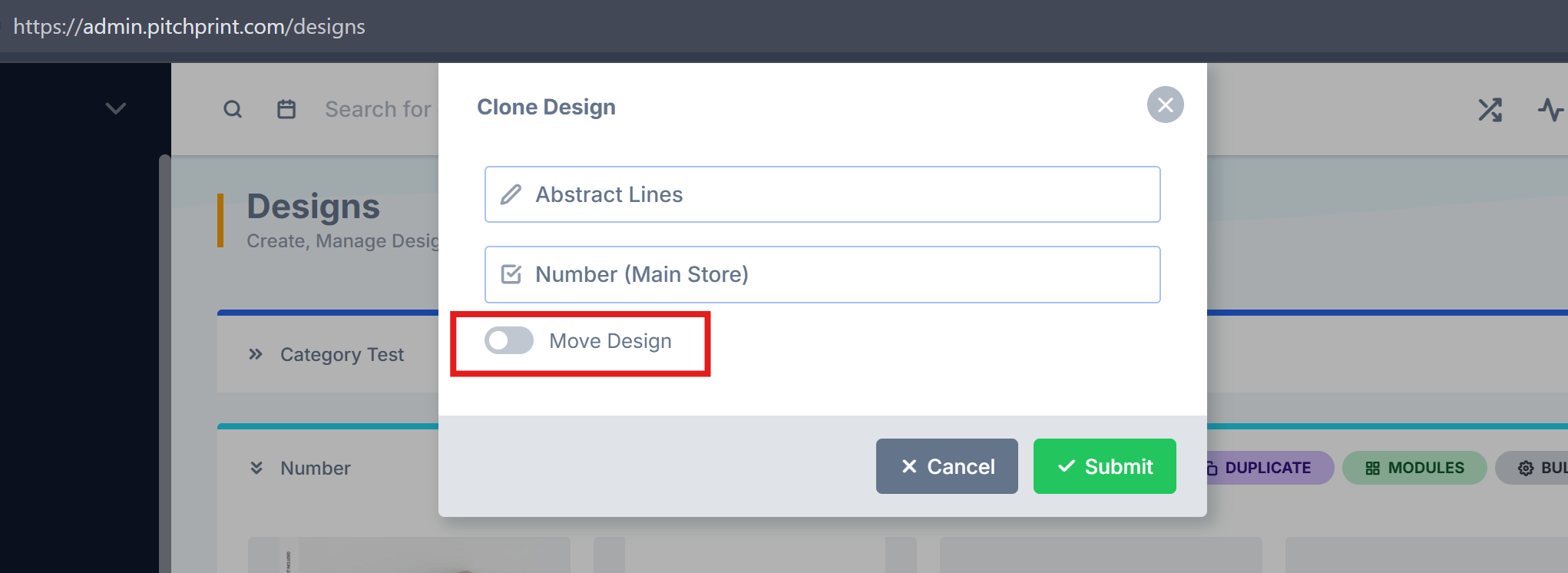 The move option used to move a design to another category in the admin