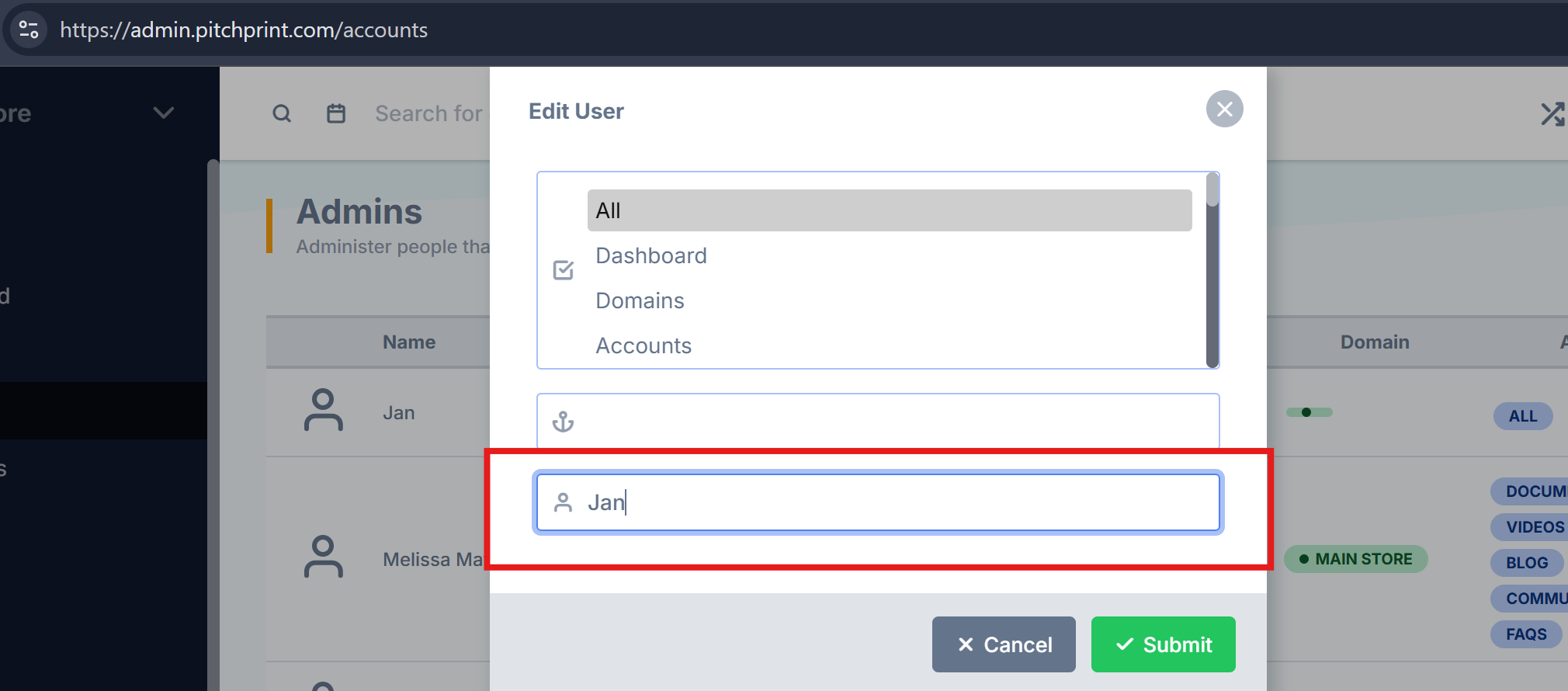 Editing a user name in the PitchPrint admin panel