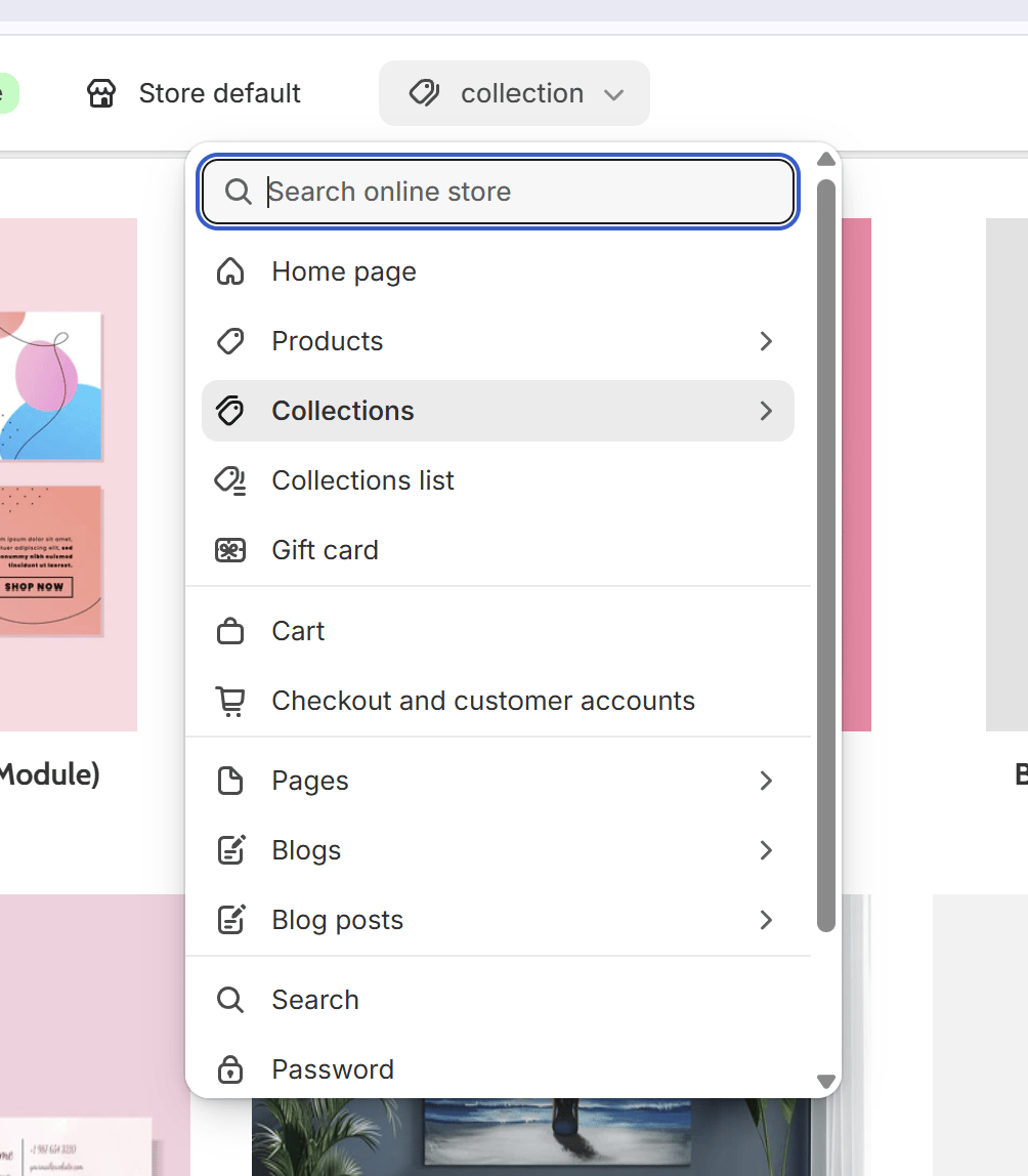 The page selector dropdown in the Shopify Theme Editor