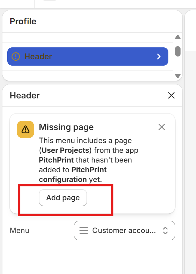 The Missing page notice with the Add page button for User Projects