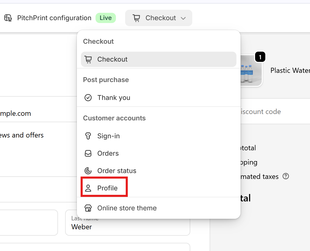 The Profile page selected under Customer accounts in the Theme Editor
