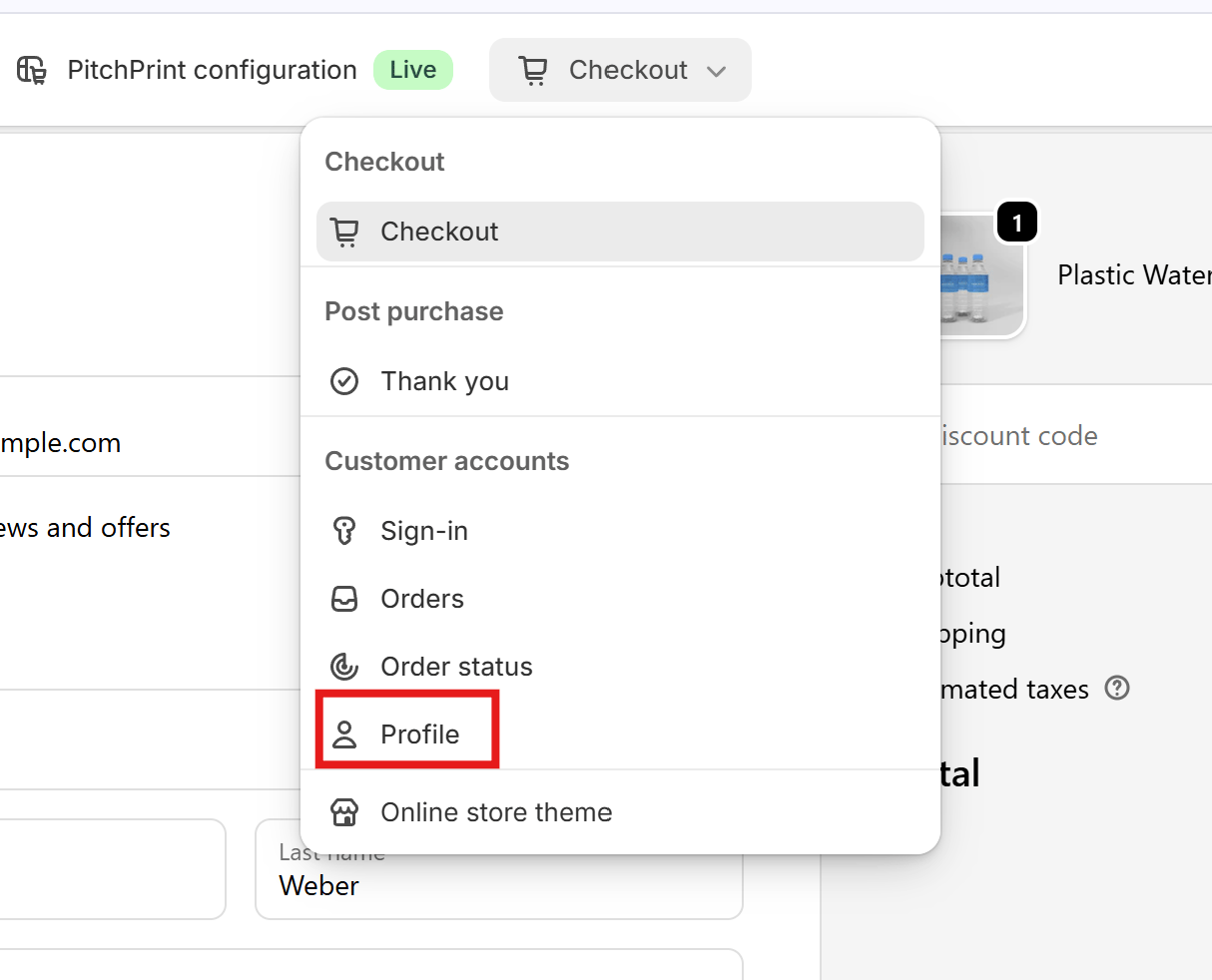 The Profile page selected under Customer accounts in the Theme Editor