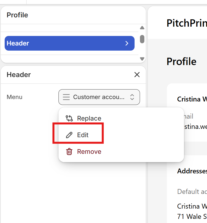 The Edit option for the Header menu in the Shopify Theme Editor sidebar