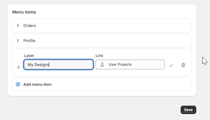 A My Designs menu item linked to the PitchPrint User Projects page