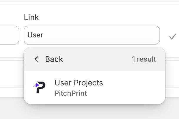 A menu link search returning the PitchPrint User Projects page