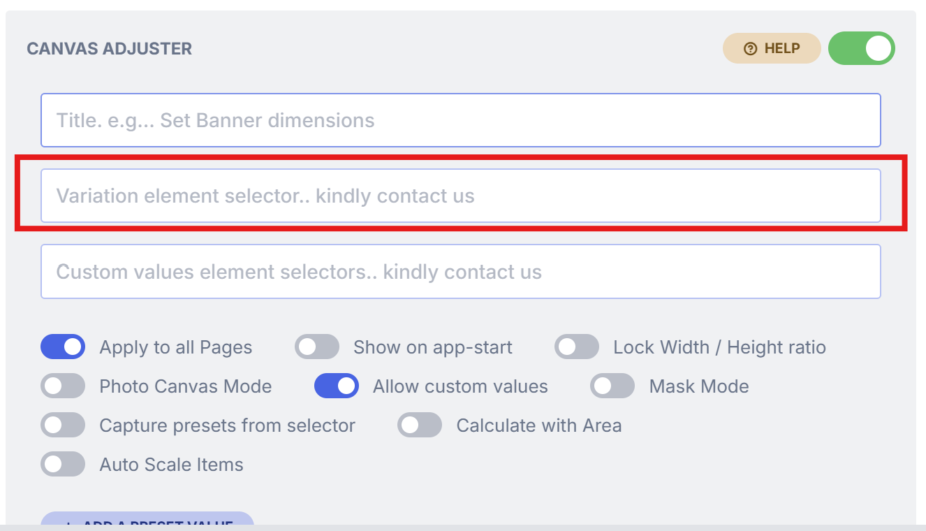 The Canvas Adjuster field for the predefined values selector, marked in red