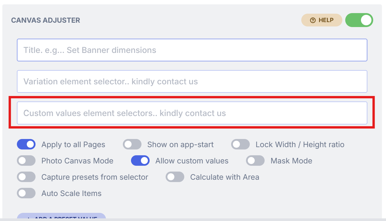 The Canvas Adjuster field for custom width and height selectors, marked in red