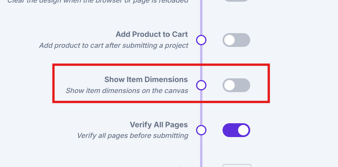 The show item dimensions option enabled on the admin settings page