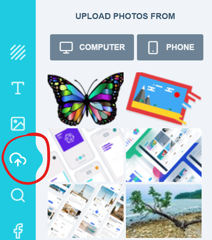 The Upload tab of the app's photo gallery panel