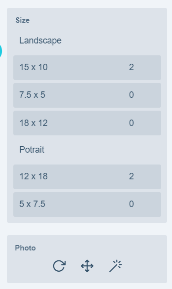 Plus and minus quantity controls for each size in Bulk Photo Prints