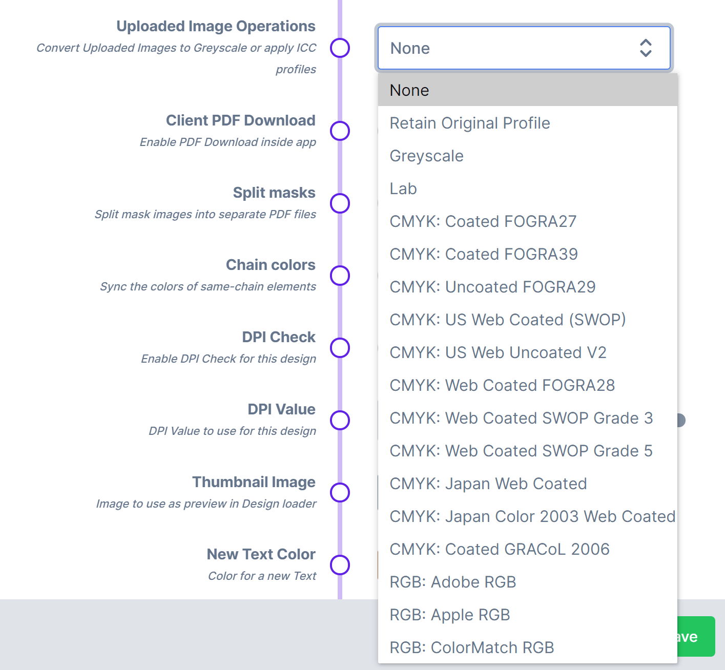 The colour profile selector listing standard CMYK and RGB ICC profiles