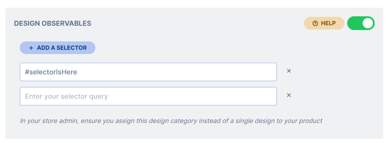 The Design Observables module set to watch product page material and size options