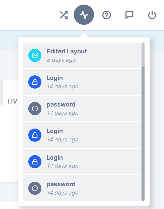 The Activities panel listing recent admin actions, with undoable ones in red