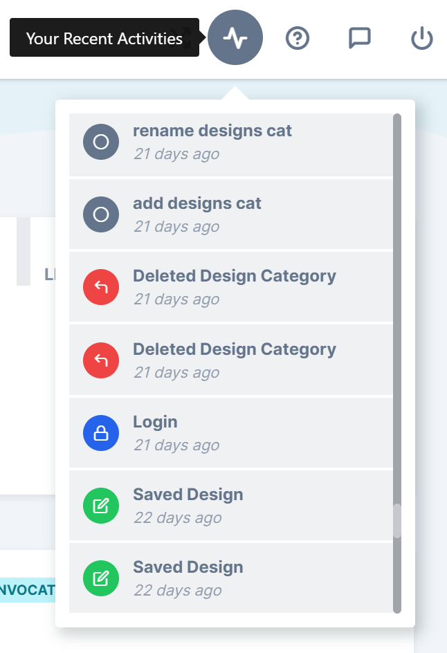 The Activity panel listing past actions, with red undo badges