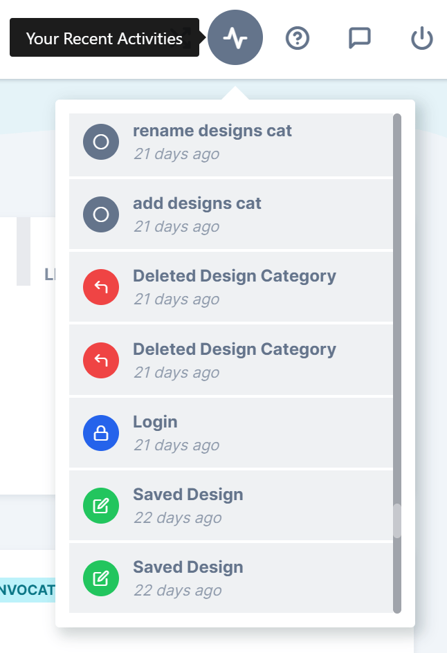 The Activity panel listing past actions, with red undo badges