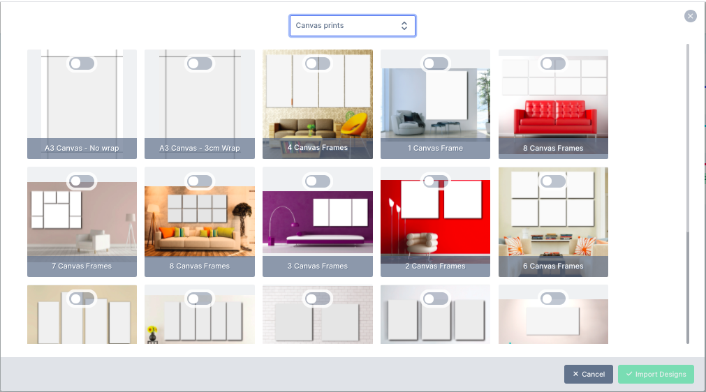 The import design library listing its 28 template categories