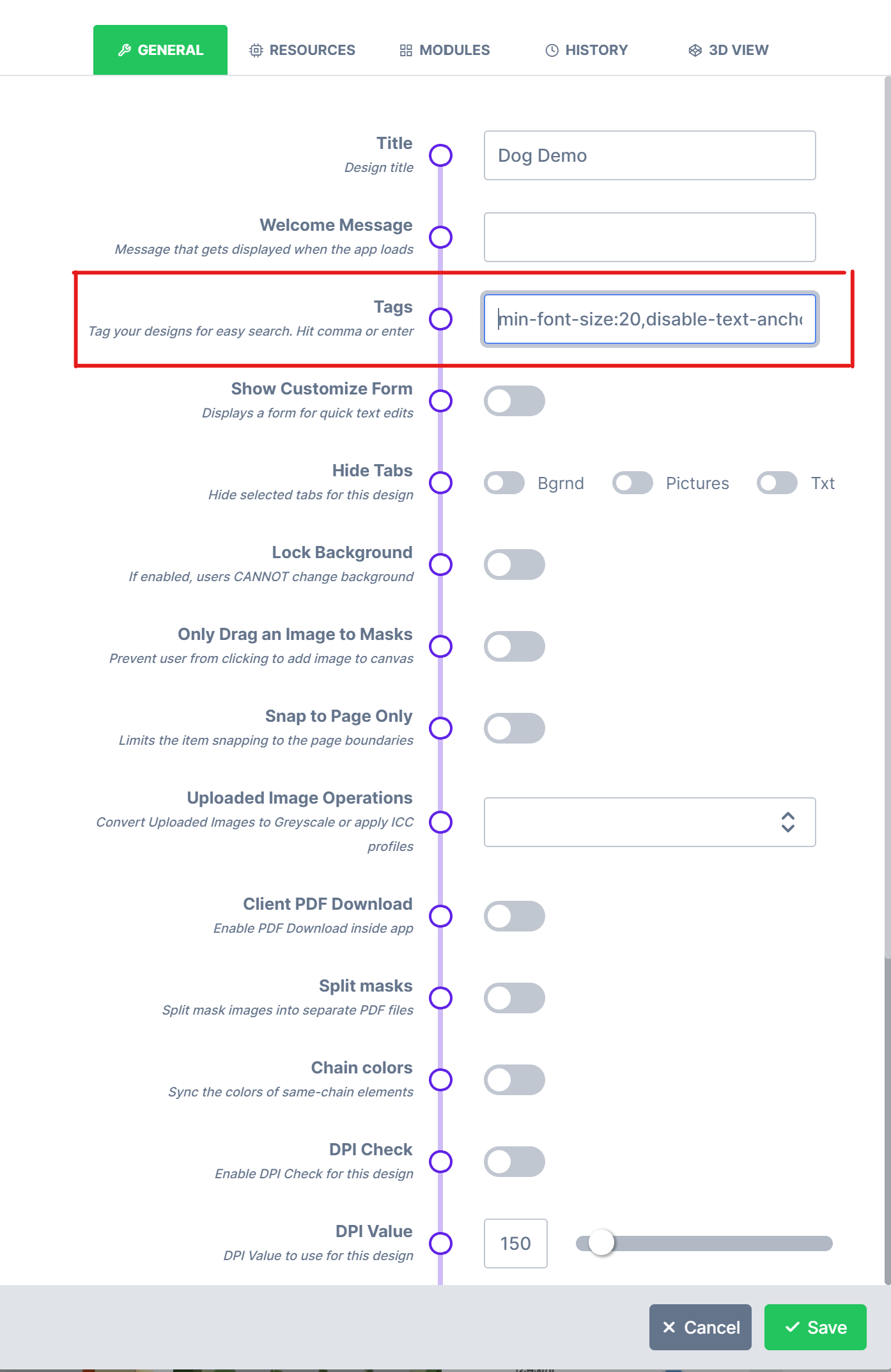 The min-font-size and disable-text-anchors tags in a design's tags field