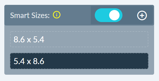 The Smart Sizes list on a page, with the plus sign for adding a size