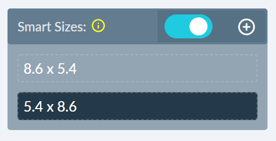 The Smart Sizes list on a page, with the plus sign for adding a size