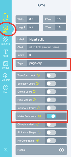 The page-clip tag and Make Reference option set on a shape used to clip the canvas