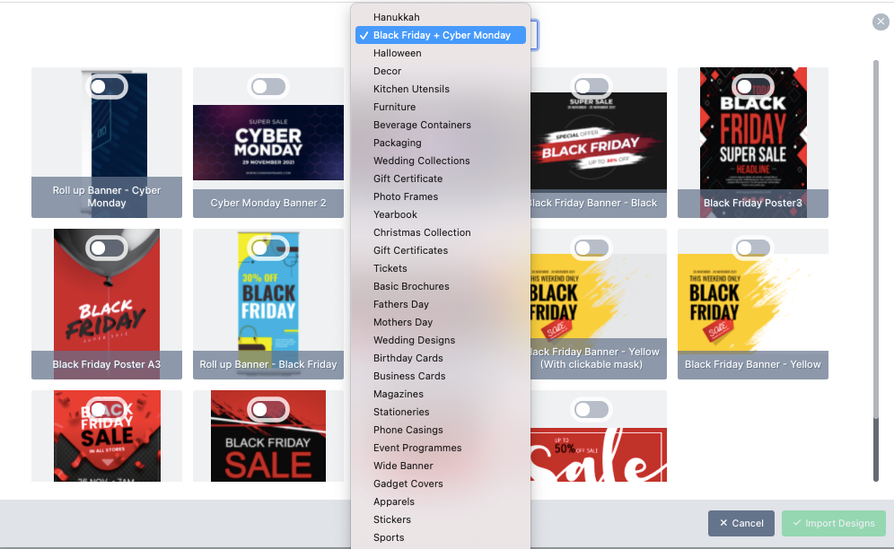 Newly added template categories listed in the Import Designs panel