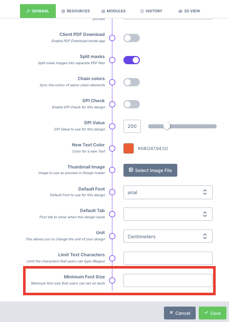 The Minimum Font Size option in design configuration settings