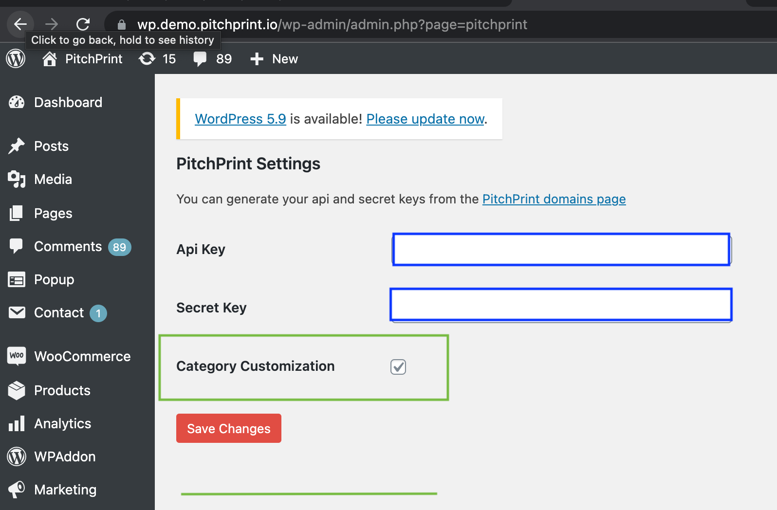 The category customisation setting enabled for WordPress