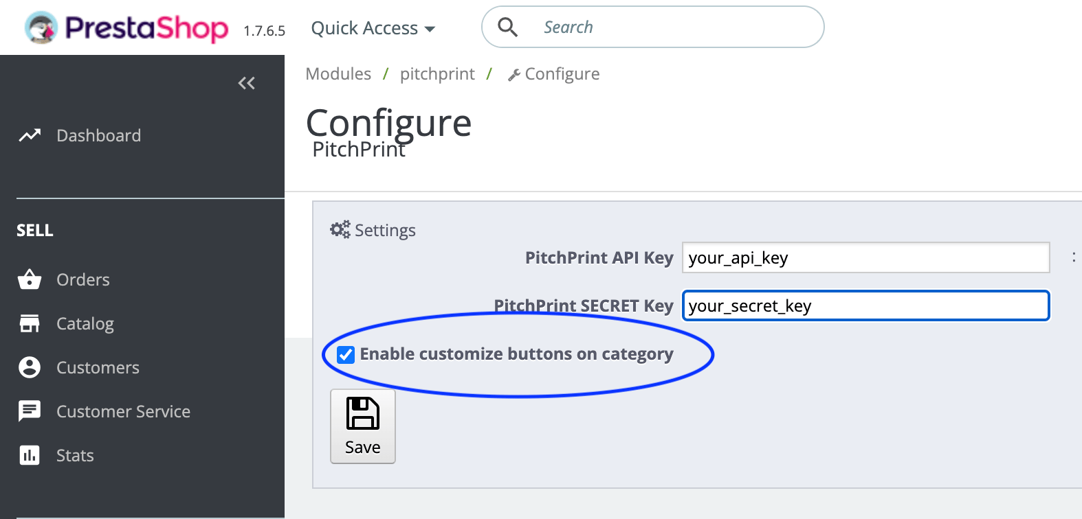 The PitchPrint configuration checkbox in the Prestashop admin panel