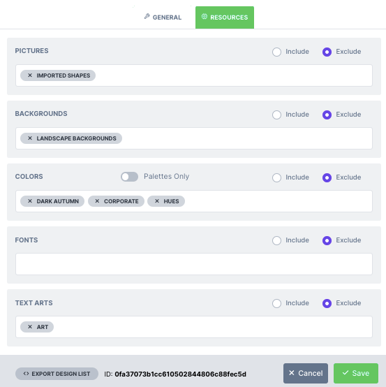 The bulk configuration settings for a design category