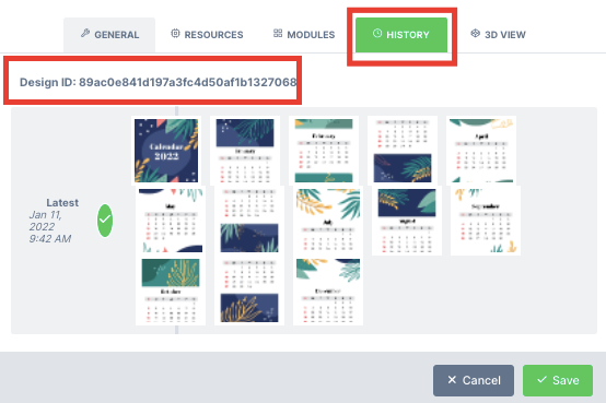The history tab of design configuration showing the design ID