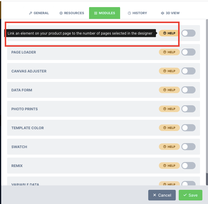A tooltip shown when hovering a module help icon in design configuration