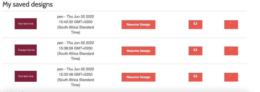 Saved designs listed in the customer account section of a store