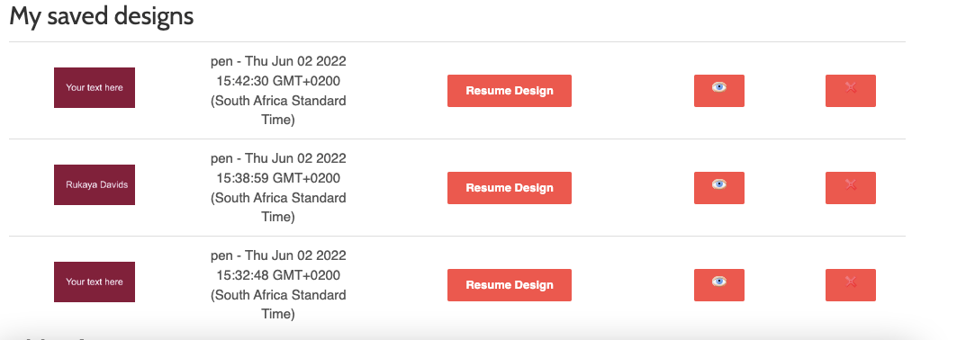 Saved designs listed in the customer account section of a store