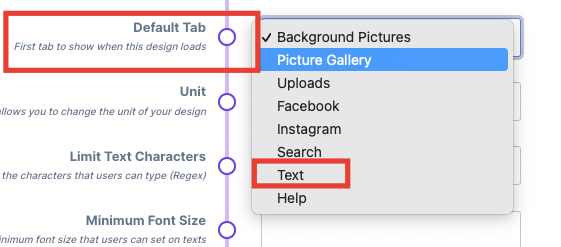 The default tab selector in design configuration