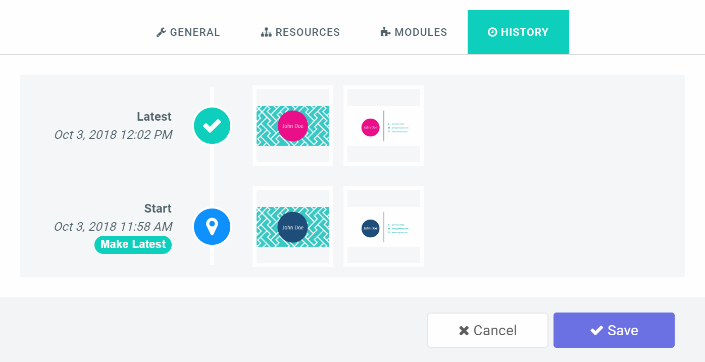 The History tab listing thumbnails and dates of earlier design edits