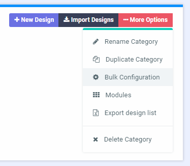 Applying a selected list of settings to every design in one category