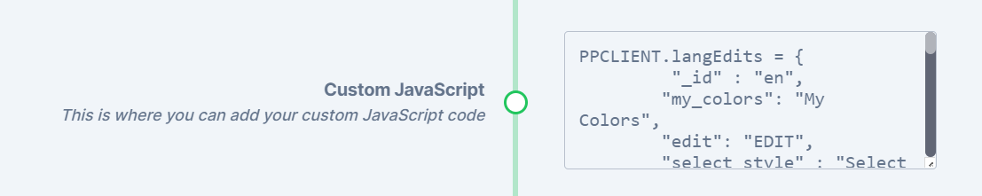 The custom JavaScript field in settings with a code snippet pasted in