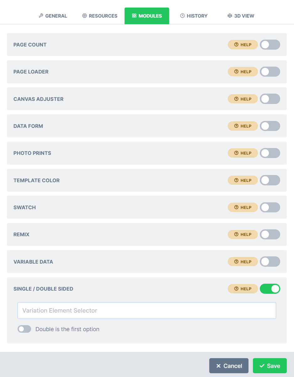 The modules list with the Single/Double Sided module at the bottom