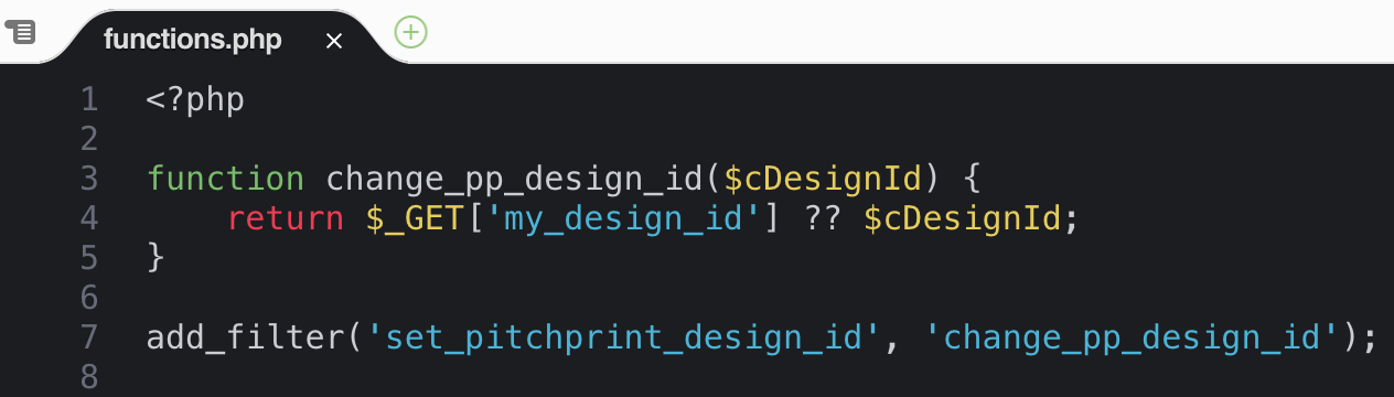 A filter added to a theme's functions.php file to set the designId