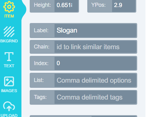 The tag section of the Item tab for a selected element