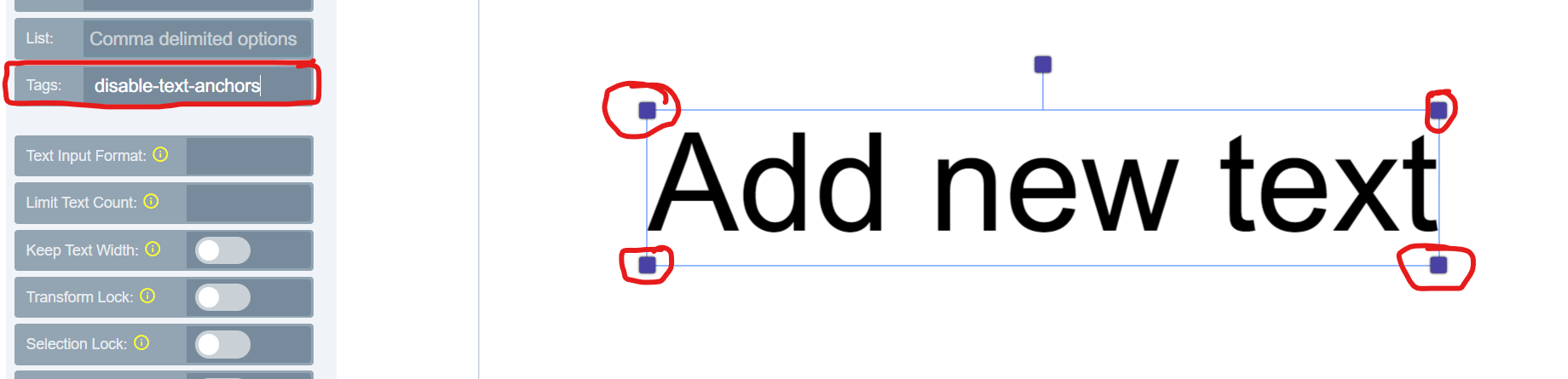A text field with its resize anchors circled in red and disabled