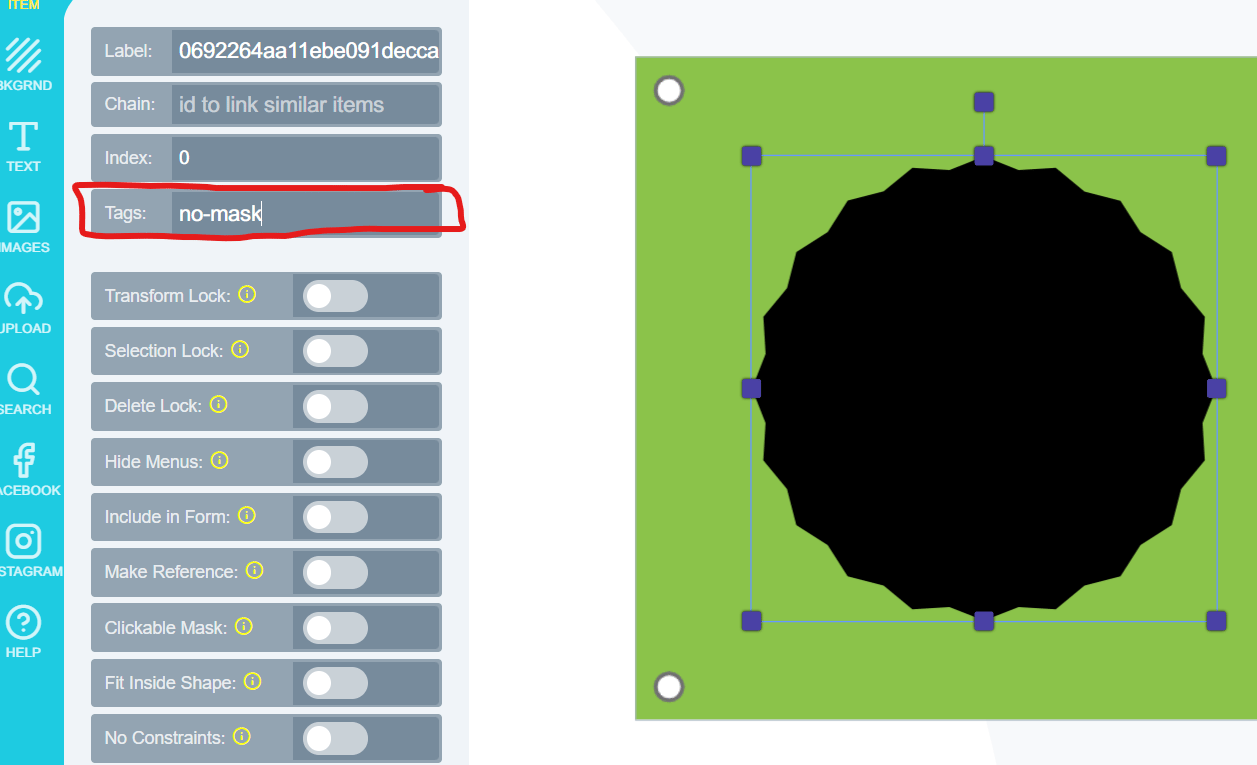 The no-mask tag added to a shape so it cannot hold an image