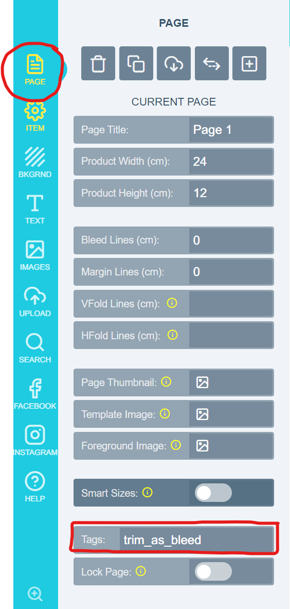 The trim_as_bleed tag entered in a design's page tag field